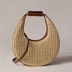 STAUD Crescent Woven Straw Mini Bag with Brown Leather Trim